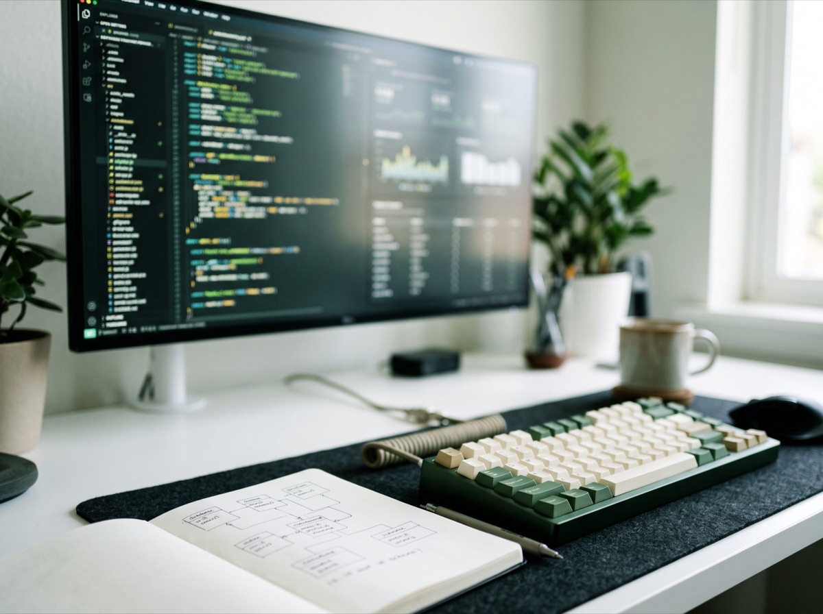 ソースコードとダッシュボードを表示したモニターと、データベース設計のメモ